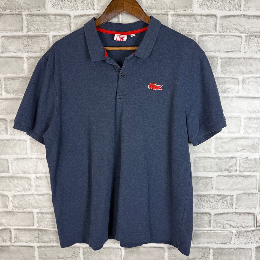 Lacoste L!VE Mens Navy Blue Stretch Pique Polo Shirt Red Croc Logo Size 8 / 3XL